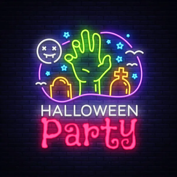 Halloween-Party-Design-Vorlagenvektor. Halloween-Grußkarte, Lichtbanner, Leuchtschrift, nächtliche helle Werbung. Zombiehand. Vektorillustration — Stockvektor