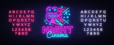 Sinema gece neon işareti vektör. Film gece tasarım şablonu neon tabela, sinema ışık afiş, neon tabela, parlak reklam, her gece yazıt ışık. Vektör. Metin neon işareti düzenleme