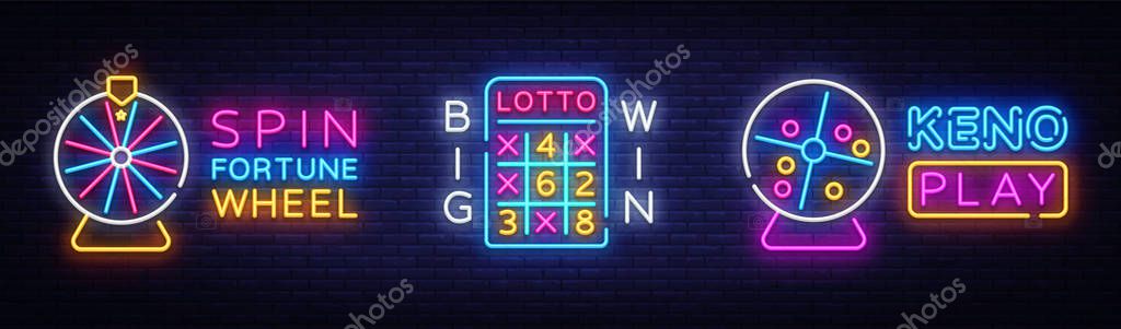 Collection Neon Logos Vector. Lottery and Fortune Wheel neon sign, design template, modern trend design, night neon signboard, night bright advertising, light banner, light art. Vector illustration.