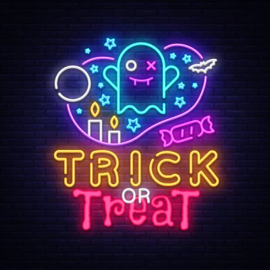 Cadılar Bayramı neon işareti vektör. Şeker ya da hayalet ve web afiş, poster, tebrik kartı, yeni yıl eğlencesi daveti, ışık afiş için Halloween tasarım şablonu. İzole illüstrasyon