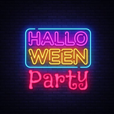 Cadılar Bayramı partisi metin vektör. Mutlu Cadılar Bayramı neon tabela, tasarım şablonu, modern trend tasarım, gece neon tabela, gece parlak reklam, ışık afiş, ışık sanat. Vektör çizim