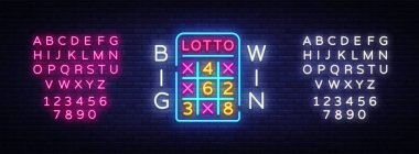 Piyango Neon Logo vektör. Loto neon tabela, tasarım şablonu, modern trend tasarım, gece neon tabela, gece parlak reklam, ışık afiş, ışık sanat. Vektör. Metin neon işareti düzenleme