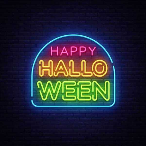 Feliz Halloween plantilla de diseño de vectores de texto de neón. Logotipo de neón de Halloween, elemento de diseño de banner de luz colorida tendencia de diseño moderno, noche brillante publicidad, signo brillante. Ilustración vectorial — Vector de stock