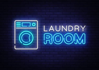 Çamaşırhane Oda Neon Logo vektör. Kuru Temizleme neon tabela, tasarım şablonu, modern trend tasarım, gece neon tabela, parlak reklam gece, afiş, hafif sanat ışık. Vektör çizim