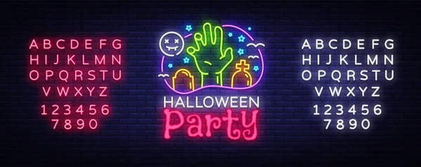 Halloween Party design template vector. Halloween greeting card, Light banner, neon style, night bright advertising. Zombie hand. Vector illustration. Editing text neon sign — Stock Vector