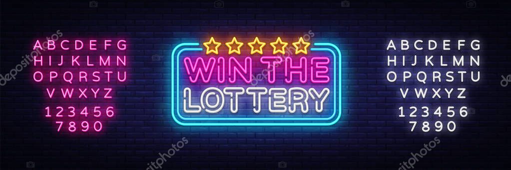 Win the Lottery neon text vector design template. Lotto symbols neon logo, light banner design element colorful modern design trend, night bright advertising. Vector. Editing text neon sign.