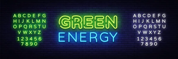 Grüne Energie Leuchtreklame Vektor. eco energy design template neon sign, ecology light banner, neon sign, night bright werbung, light inschrift. Vektorillustration. Bearbeiten von Text Leuchtreklame — Stockvektor