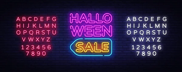 Halloween eladó szöveg vektor. Halloween eladó neonreklám, design sablon, design modern trend, éjszakai neon jelzőtábla, éjszakai világos reklám, könnyű banner, könnyű művészet. Vektor. Szerkesztése szöveg Neonfény — Stock Vector