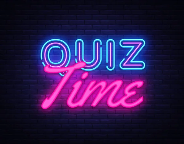 Quiz Tiempo vector de signo de neón. Quiz Pub Plantilla de diseño letrero de neón, banner de luz, letrero de neón, publicidad nocturna brillante, inscripción de luz. Ilustración vectorial — Vector de stock