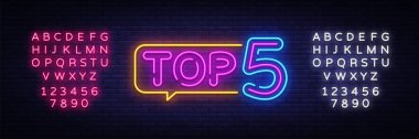 En iyi 5 Neon metin vektör. En çok beş neon tabela, tasarım şablonu, modern trend tasarım, gece neon tabela, gece parlak reklam, banner, hafif sanat ışık. Vektör. Metin neon işareti düzenleme