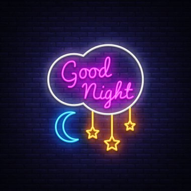 İyi geceler Neon işareti vektör. İyi bir gece neon metin, tasarım şablonu, modern trend tasarım, gece neon tabela, reklam, gece lambası ışık afiş, hafif sanat. Vektör çizim