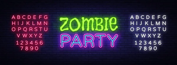 Zombie Party Text Vector. Signo de neón de Halloween, plantilla de diseño, diseño de tendencia moderna, letrero de neón nocturno, publicidad brillante nocturna, banner de luz, arte ligero. Vector. Edición de texto signo de neón — Archivo Imágenes Vectoriales