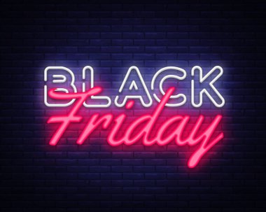 Siyah Cuma satış neon metin vektör tasarım şablonu. Siyah Cuma satış neon logo, ışık afiş tasarım öğesi renkli modern tasarım trend, gece parlak reklam, parlak işareti. Vektör çizim