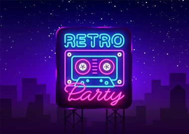 Retro Party neon poster, card or invitation, design template. Retro tape recorder cassettes neon sign, light banner. Back to the 90s. Vector illustration in trendy 80s-90s neon style. Billboard clipart