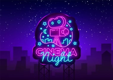 Sinema gece Neon Logo vektör. Film gece neon tabela, tasarım şablonu, modern trend tasarım, gece neon tabela, reklam, gece lambası ışık afiş, hafif sanat. Vektör çizim. Billboard.