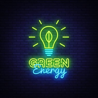 Yeşil enerji neon işareti vektör. Eko enerji tasarım şablonu neon tabela, ekoloji ışık afiş, neon tabela, parlak reklam, her gece yazıt ışık. Vektör çizim