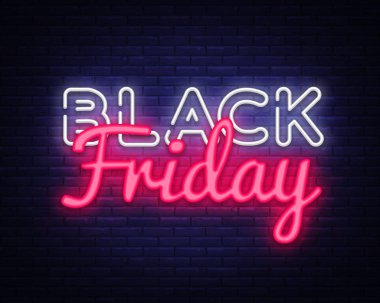 Siyah Cuma satış neon metin vektör tasarım şablonu. Siyah Cuma satış neon logo, ışık afiş tasarım öğesi renkli modern tasarım trend, gece parlak reklam, parlak işareti. Vektör çizim