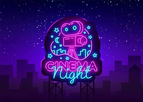 Cinema Night Neon Logo Vector Muestra Neón Noche Película Plantilla — Archivo Imágenes Vectoriales