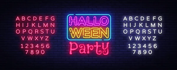 Halloween Party Text Vector. Sinal de néon de Halloween feliz, modelo de design, design de tendência moderna, sinalização de néon noturno, publicidade brilhante noite, banner de luz, arte leve. Vector. Edição de texto sinal de néon — Vetor de Stock