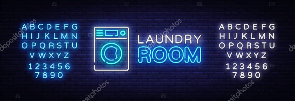 Laundry Room Neon Logo Vector. Dry Cleaning neon sign, design template, modern trend design, night neon signboard, night bright advertising, light banner, light art. Vector. Editing text neon sign.