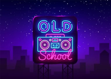 Eski okul neon işareti vektör. Retro müzik tasarım şablonu neon tabela, Retro tarzı 80-90s, kutlama ışık afiş, kayıt cihazı neon tabela, her gece parlak reklam. Vektör. Billboard