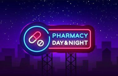 Eczane neon tabela vektör. Tıbbi neon parlayan sembol, ışık afiş, neon simgesini, tasarım öğesi. Vektör çizim. Reklam panoları