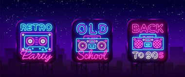90'lı yılların başa neon poster koleksiyonu, kart veya davet, tasarım şablonu. Retro teyp kasetleri neon tabela, gramofon sembolü, ışık afiş. Geri 90s. Vektör çizim. Billboard