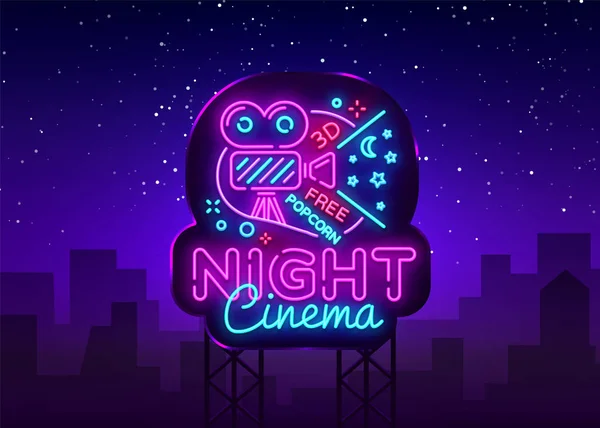 Cinema Night neon sign vector (em inglês). Movie Night Design modelo neon sign, banner de luz de cinema, placa de néon, publicidade noturna brilhante, inscrição de luz. Ilustração vetorial. Billboard — Vetor de Stock