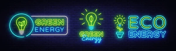 Große Sammlung Leuchtreklamen. grüne Energie Neon Logos Vektor. grüne Energie Neon-Text, Design-Vorlage, modernes Trenddesign, Nacht-Neon-Reklame, Nachtwerbung, Lichtbanner, Lichtkunst. Vektor — Stockvektor