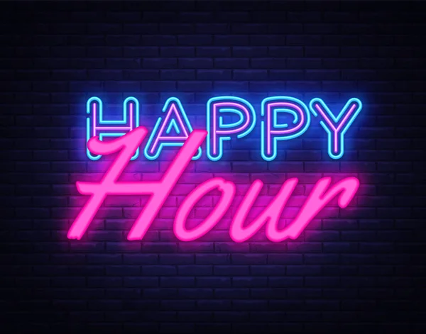 Happy Hour Neon Text Vector. Happy Hour neon sign, design template, modern trend design, night neon signboard, night bright advertising, light banner, light art. Vector illustration — Stock Vector