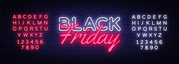 Siyah Cuma satış neon metin vektör tasarım şablonu. Siyah Cuma satış neon logo, ışık afiş tasarım öğesi renkli modern tasarım trend, parlak reklam gece. Vektör. Metin neon işareti düzenleme