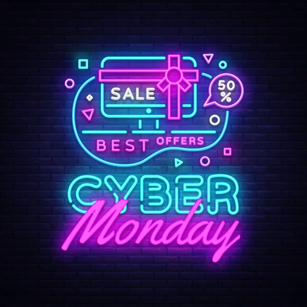 Cyber Monday, discount sale concept Vector illustration in neon style, online shopping and marketing concept. Neon luminous signboard, bright banner, Light advertisement — Stock Vector