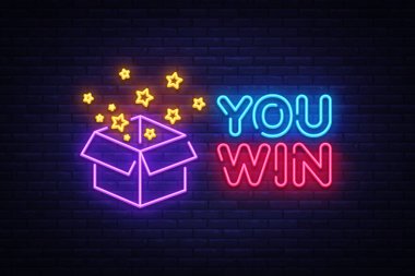 Sen kazanmak neon vektör işaret. Sen kazanmak Design şablon neon işaret, tebrik, kutlama ışık afiş, neon tabela, parlak reklam, her gece ışık yazıt. Vektör çizim