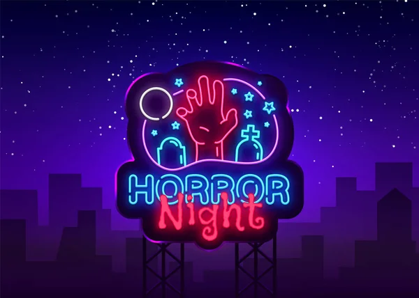 Horror wektor znak neon noc. Halloween plakat projekt szablonu neon znak, Horror światło transparent, neonowy szyld, wieczorne jasny reklamy, lekkie napis. Ilustracja wektorowa. Billboard — Wektor stockowy