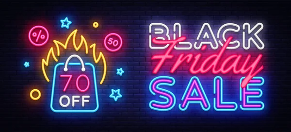 Black Friday Sale Neon Banner Vector. Black Friday neon πινακίδα, πρότυπο σχεδιασμού, μοντέρνα σχεδίαση τάση, night neon πινακίδα, νύχτα φωτεινή διαφήμιση, light banner, φως τέχνη. Εικονογράφηση διανύσματος — Διανυσματικό Αρχείο