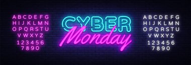 Cyber Pazartesi kavramı afiş moda neon tarzı, ışıklı tabela, her gece Satış iadeleri Pazartesi siber reklam. Vektör çizim projeleriniz için. Metin neon işareti düzenleme
