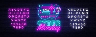 Cyber Pazartesi, online alışveriş ve konsept pazarlama satış konsepti vektör çizim neon tarzı, indirim. Neon ışıklı tabela, parlak afiş, ışık reklam. Metin neon işareti düzenleme