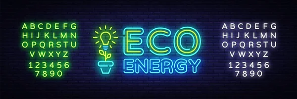 Eco energy Neon Logo Vektor. grüne Energie Leuchtreklame, Designvorlage, modernes Trenddesign, nächtliche Leuchtreklame, nächtliche helle Werbung, Lichtbanner, Lichtkunst. Vektor. Bearbeiten von Text Leuchtreklame — Stockvektor