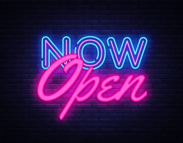 Nu Open neon tekst vector ontwerpsjabloon. Nu Open neon logo, lichte banner designtrend element kleurrijke moderne design, nacht heldere reclame, heldere teken. Vectorillustratie — Stockvector