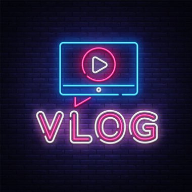 Vlog neon tabela tasarım şablonu vektör. Bloglama neon logo, ışık afiş tasarım öğesi renkli modern tasarım trend, gece parlak reklam, parlak işareti. Vektör çizim