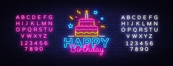 Feliz aniversário Neon vetor de texto. sinal de néon feliz aniversário, modelo de design, design de tendência moderna, sinalização de néon noite, publicidade brilhante noite, banner de luz. Vector. Edição de texto sinal de néon — Vetor de Stock