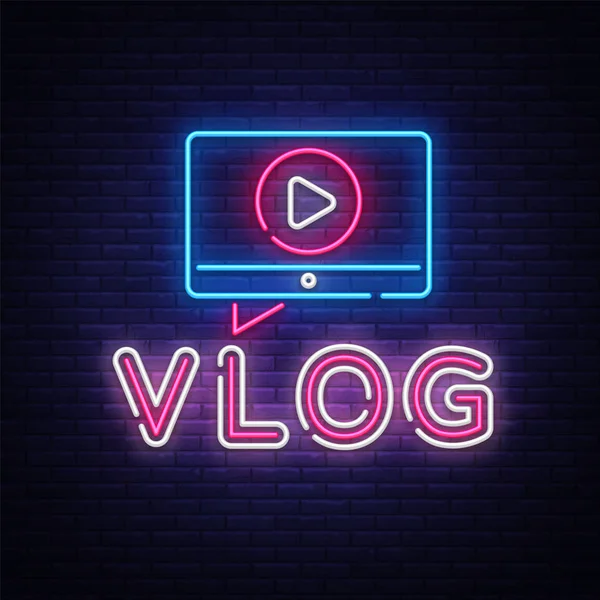 Шаблон векторного дизайна неоновых знаков Vlog. Блог неоновый логотип, элемент светлого баннера красочный современный дизайн тенденция, ночная яркая реклама, яркий знак. Векторная иллюстрация — стоковый вектор