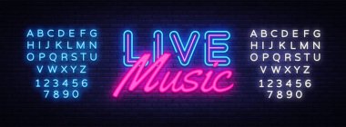 Müzik neon işareti vektör yaşamak. Canlı müzik tasarım şablonu neon tabela, ışık afiş, neon tabela, her gece parlak reklam, ışık yazıt. Vektör çizim. Metin neon işareti düzenleme