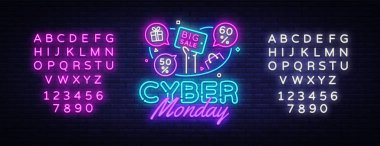 Cyber Pazartesi Satılık neon afiş vektör tasarım şablonu. Cyber Pazartesi büyük indirimler neon logo, ışık afiş tasarım öğesi renkli modern tasarım trend, parlak işareti. Vektör. Metin neon işareti düzenleme
