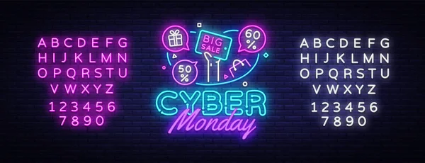 Кибер понедельник Продажа неонового баннера векторный дизайн шаблон. Cyber Monday Big - это неоновый логотип, световой элемент дизайна баннера, окрашенный в современный тренд дизайна, яркая вывеска. Вектор. Редактирование неонового знака — стоковый вектор