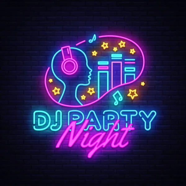 DJ Party Neon vector de signos. Plantilla de diseño de fiesta nocturna letrero de neón, banner de luz de publicidad de sonido Dj, letrero de neón, publicidad nocturna brillante, inscripción de luz. Ilustración vectorial — Archivo Imágenes Vectoriales