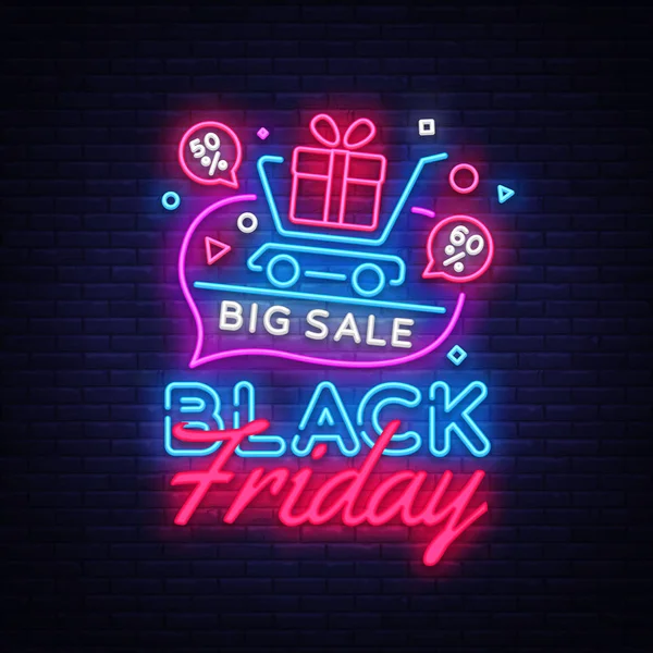 Black Friday Sale Concept Banner im modischen Neon-Stil, Leuchttafel. Nächtliche Werbung für Rabatte am Black Friday. Vektorillustration für Ihre Projekte — Stockvektor