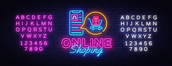 Online Shoping neon transparent wektor szablon projektu. Mobilne paymentsneon logo, lekkie transparent projekt element kolorowy design nowoczesny trend, noc, jasne reklama. Wektor. Edycja tekstu neon znak — Wektor stockowy