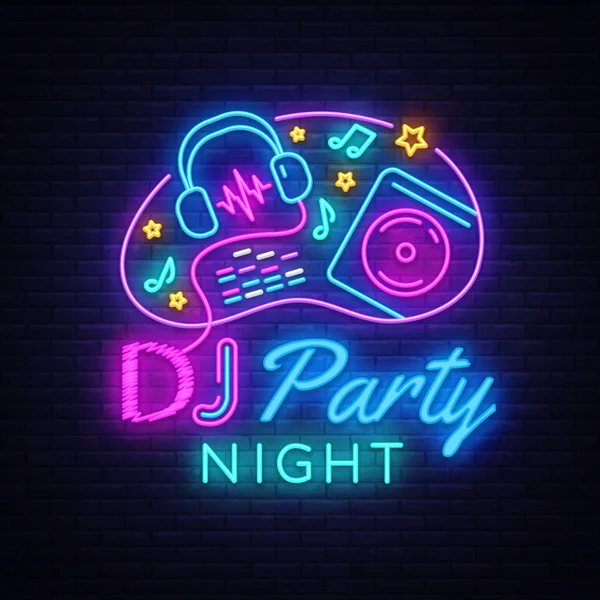 DJ Music Party neonový nápis vector šablony návrhu. DJ koncept hudby, rádio a z koncertu, plakát neon, lehký prvek návrhu bannerové barevné, noc jasná reklama, jasné znamení. Vektor — Stockový vektor