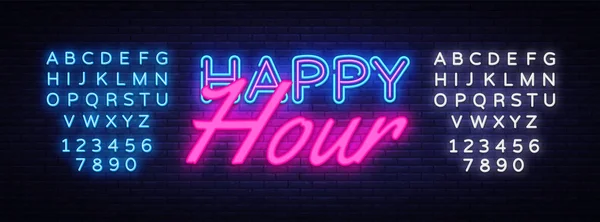 Happy Hour Neon vetor de texto. Happy Hour sinal de néon, modelo de design, design de tendência moderna, sinalização de néon noite, publicidade brilhante noite, banner de luz, arte leve. Vector. Edição de texto sinal de néon —  Vetores de Stock